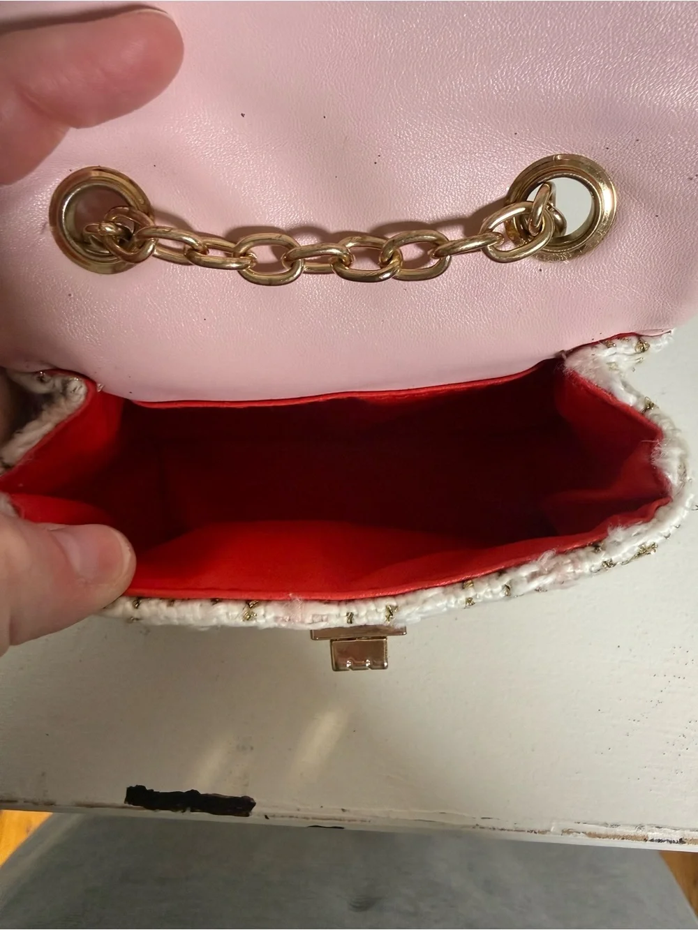 Pink Tweed Mini Crossbody Bag Gold Chain Camellia Flower Turn Lock Purse